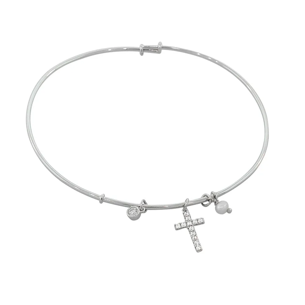 925 Sterling Silver Cross Religious Simulated Pearl CZ Bangle Bracelet
