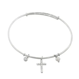 925 Sterling Silver Cross Religious Simulated Pearl CZ Bangle Bracelet