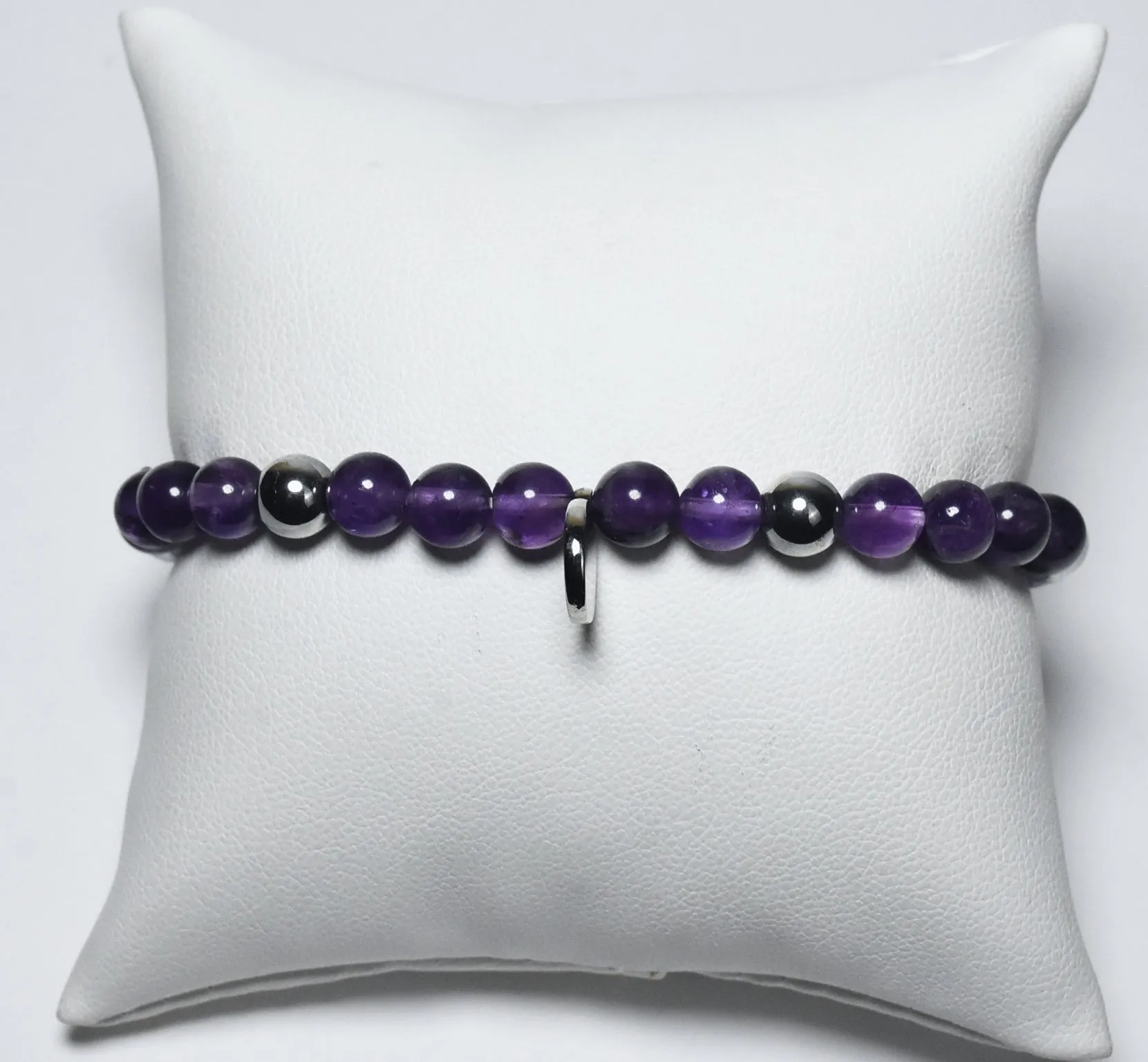 Amethyst and Silver Tone Bead Stretch Bracelet