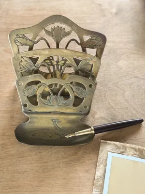 Antique German Ges Gesch Solid Brass Water Lilly Folding Letter Rack