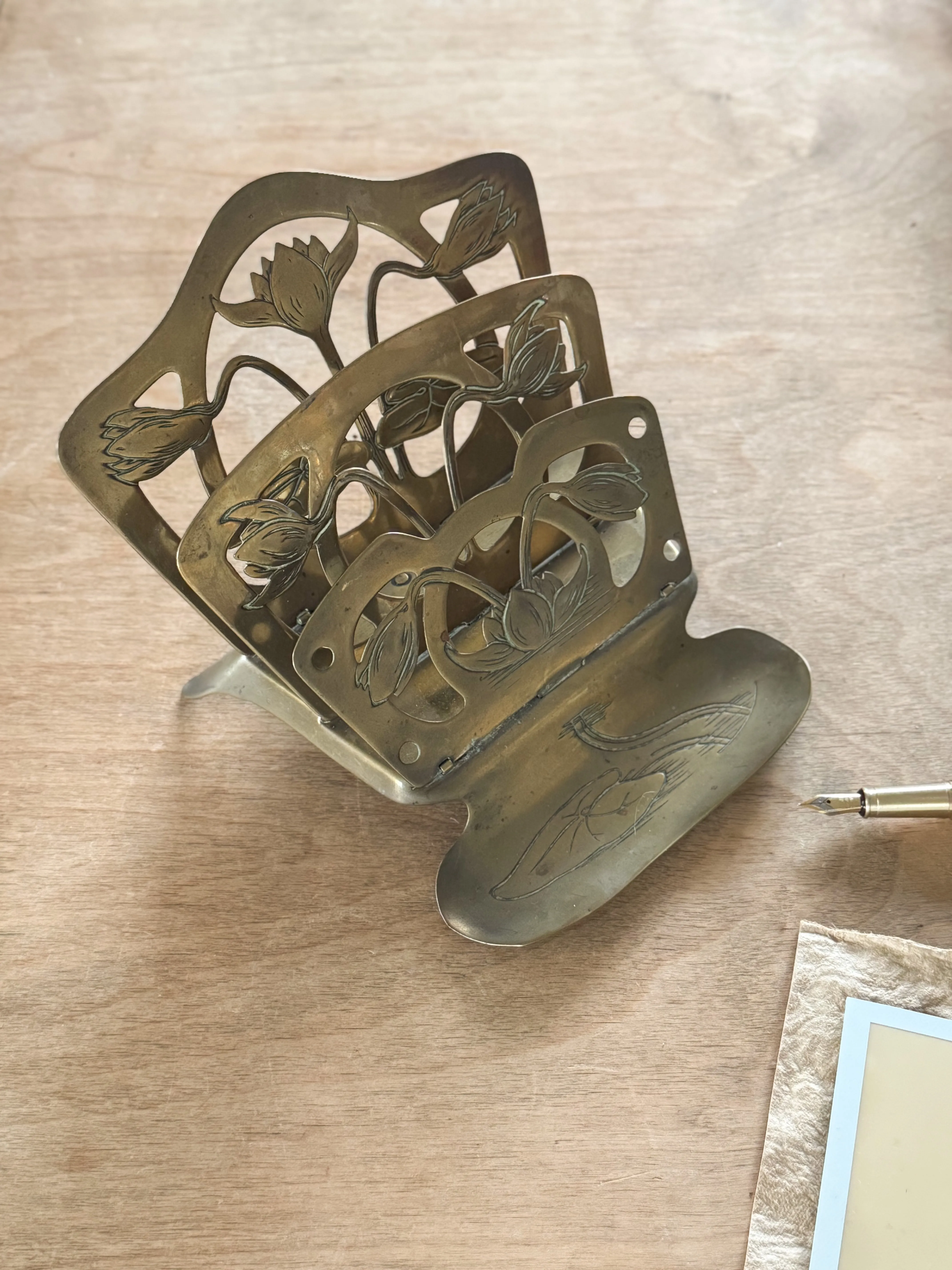 Antique German Ges Gesch Solid Brass Water Lilly Folding Letter Rack