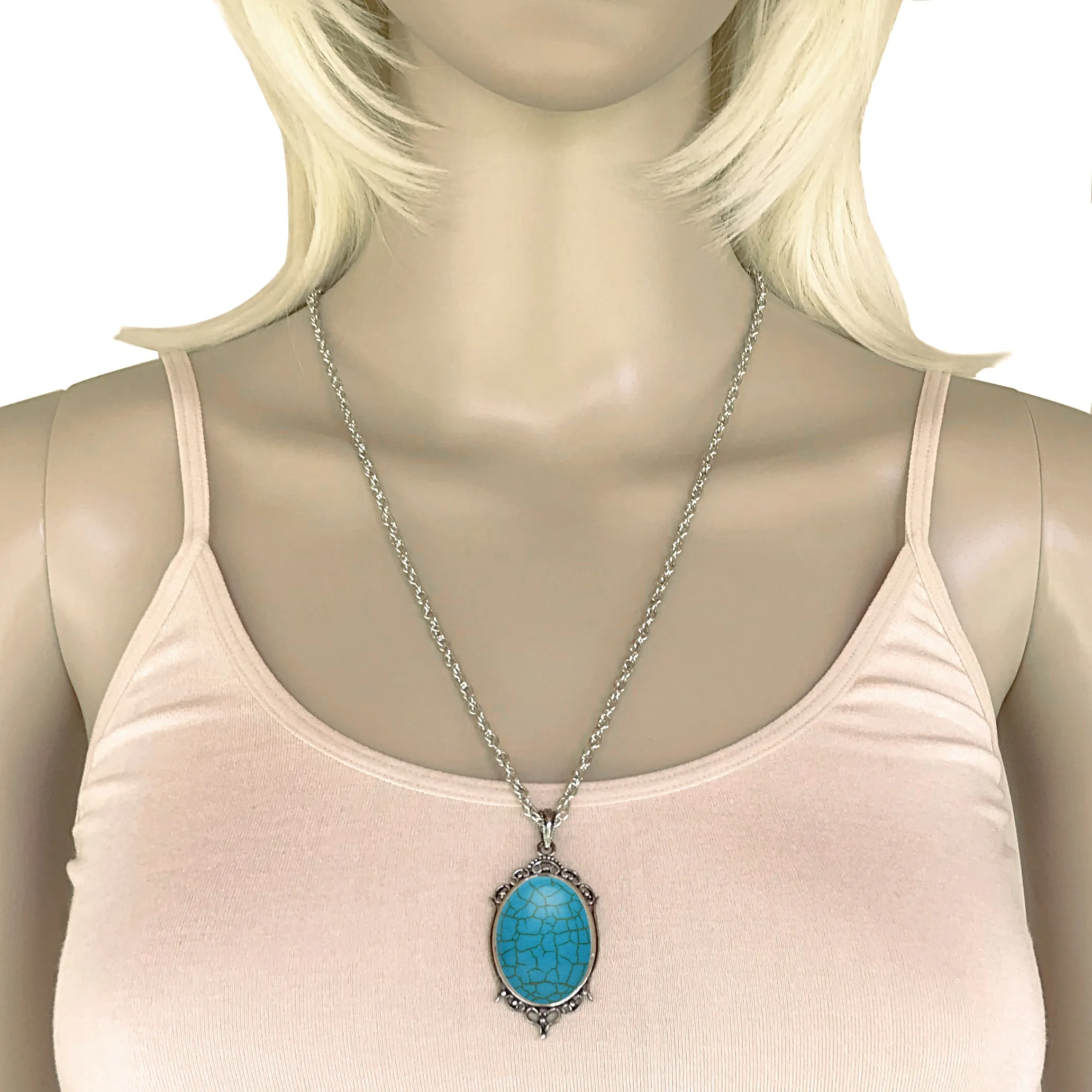 Antique Silver Turquoise Resin Cabochon Pendant on Fancy Rope Chain Necklace, 24"
