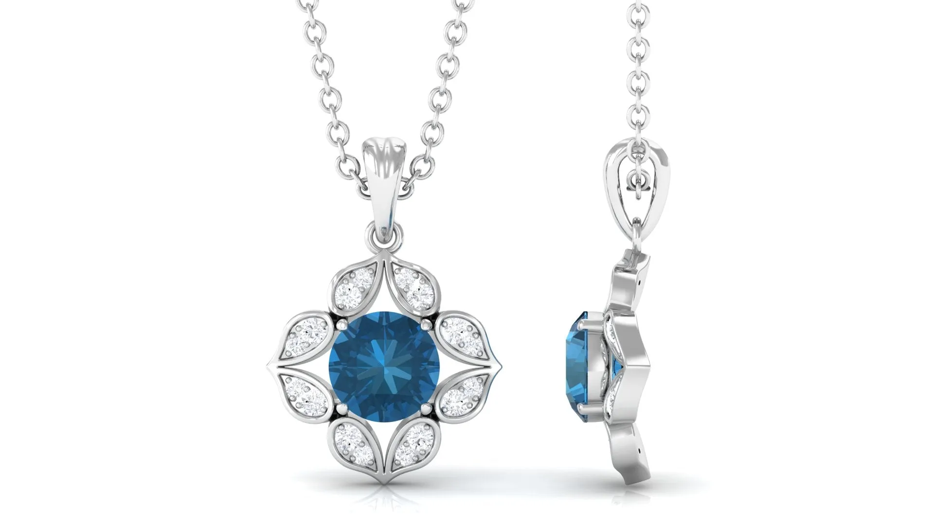 Antique Style Natural London Blue Topaz Bridal Pendant with Diamond