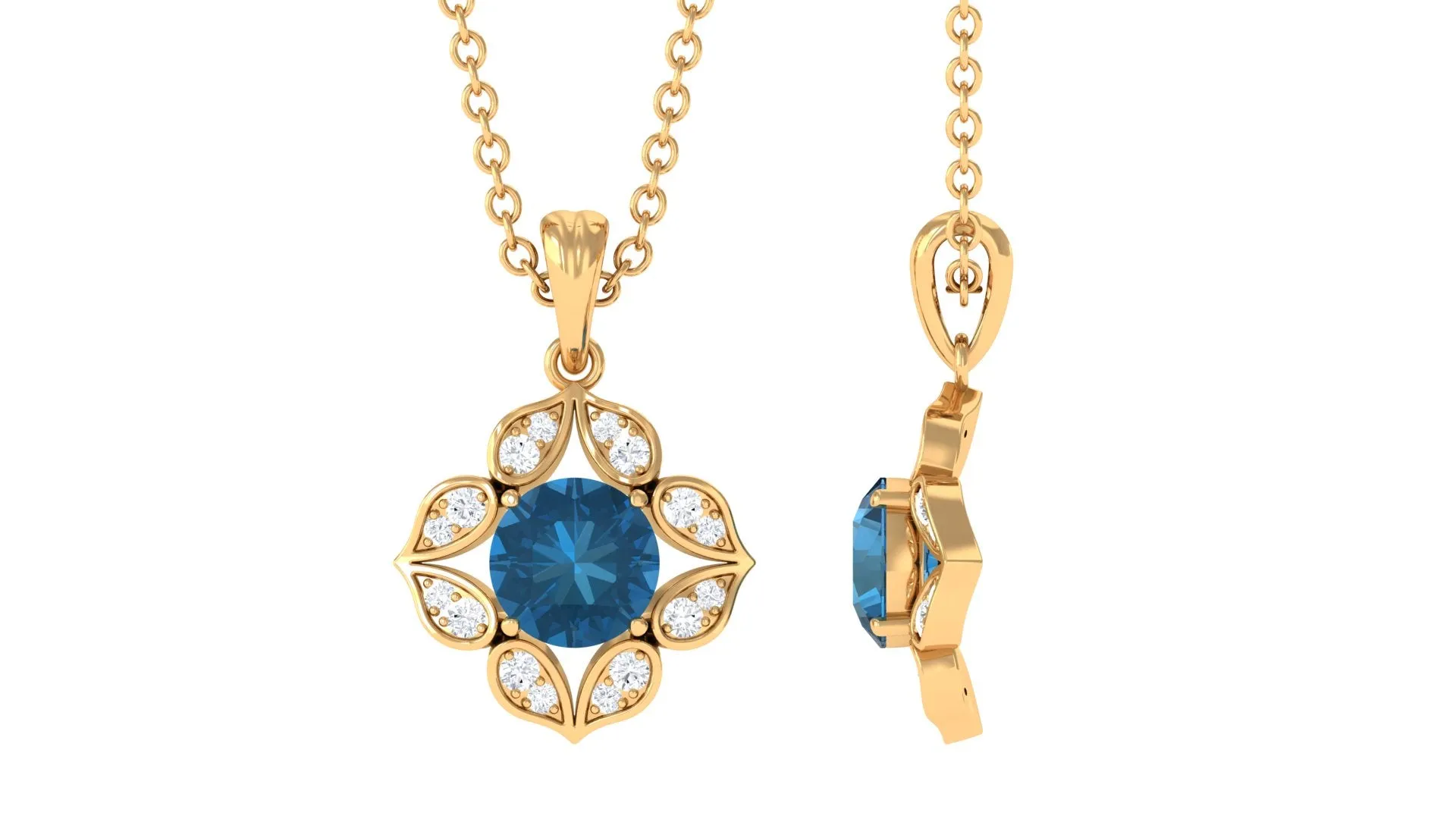 Antique Style Natural London Blue Topaz Bridal Pendant with Diamond