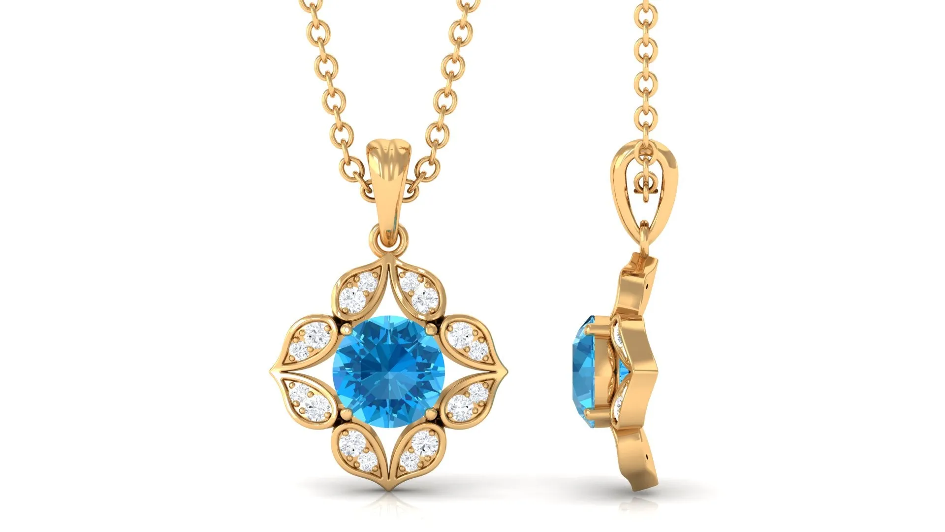 Antique Style Natural Swiss Blue Topaz Bridal Pendant with Diamond