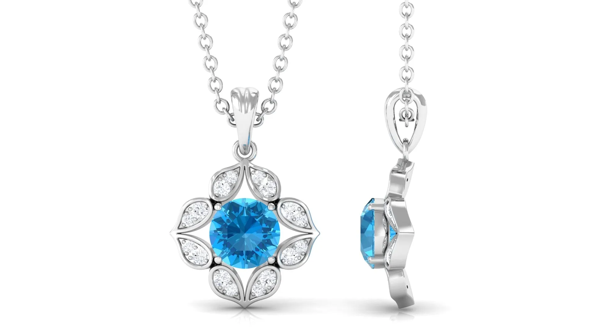 Antique Style Natural Swiss Blue Topaz Bridal Pendant with Diamond