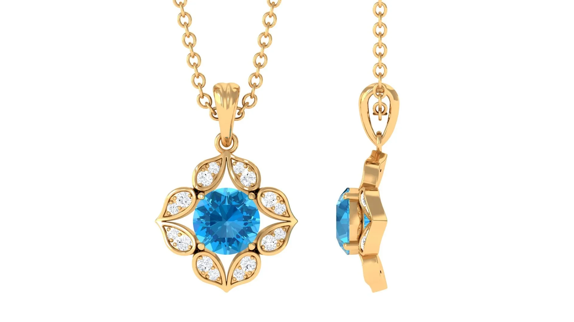 Antique Style Natural Swiss Blue Topaz Bridal Pendant with Diamond