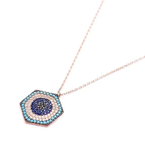 ARIA EVIL EYE HEXAGON ROSE GOLD NECKLACE