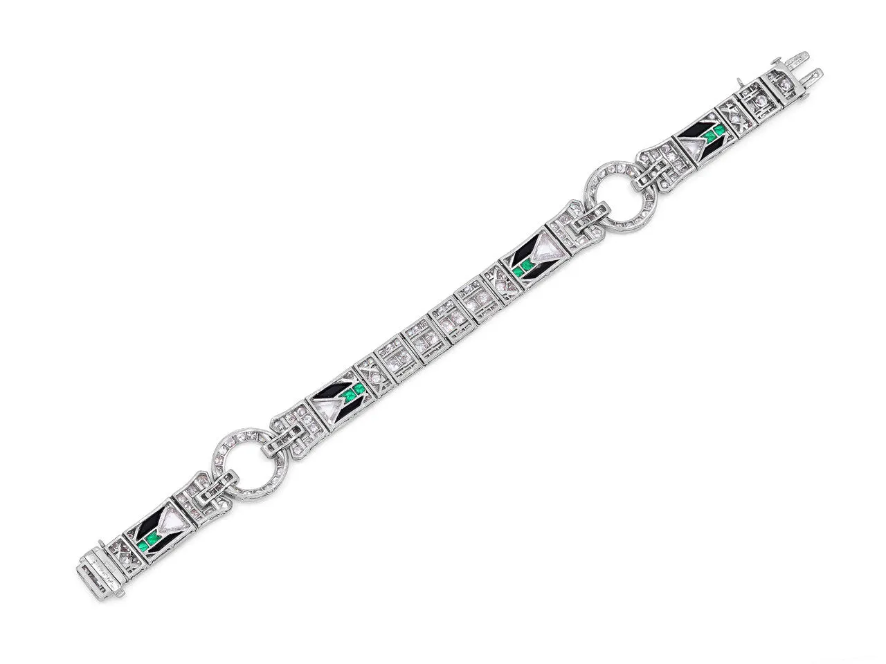 Art Deco Diamond Emerald and Onyx Bracelet in Platinum
