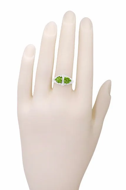 Art Deco Filigree Loving Duo Peridot Ring in 14 Karat White Gold