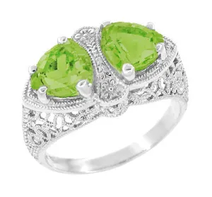 Art Deco Filigree Loving Duo Peridot Ring in 14 Karat White Gold