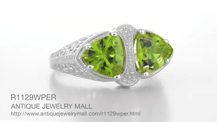 Art Deco Filigree Loving Duo Peridot Ring in 14 Karat White Gold