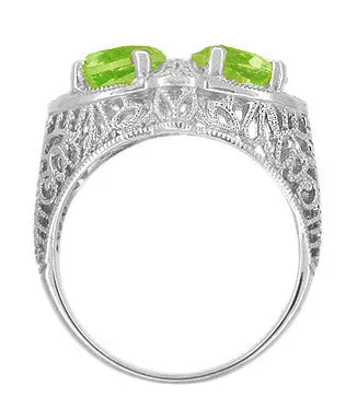 Art Deco Filigree Loving Duo Peridot Ring in 14 Karat White Gold