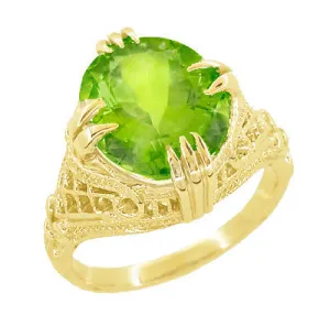Art Deco Filigree Yellow Gold Large Oval Peridot Statement Ring - 5.5 Carats