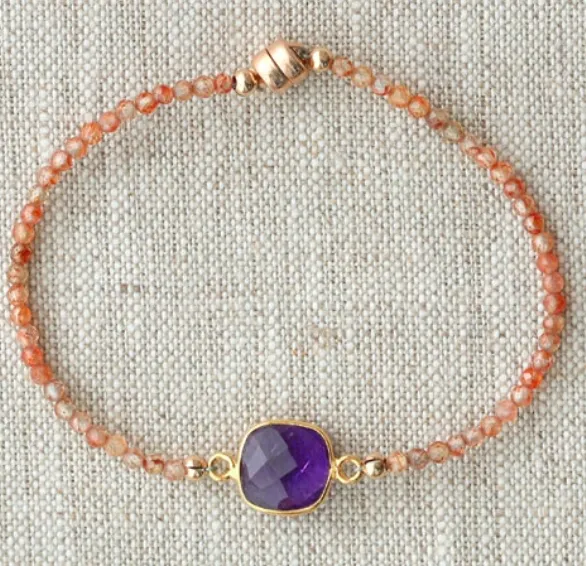 AVF Gold Amethyst Square Bezel Beaded Orange Zircon Bracelet
