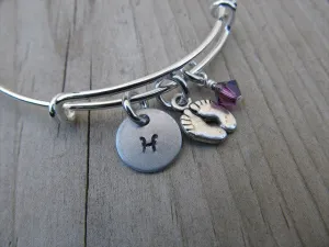 Baby Feet Charm Bracelet -Adjustable Bangle Bracelet with an Initial Charm and Accent Bead of your choice