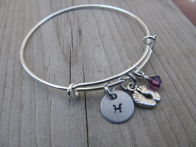 Baby Feet Charm Bracelet -Adjustable Bangle Bracelet with an Initial Charm and Accent Bead of your choice