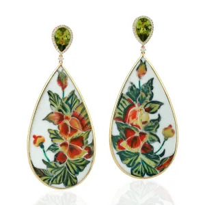 Bakelite Tear Drop Danglers Peridot Diamond Gemstone In Gold