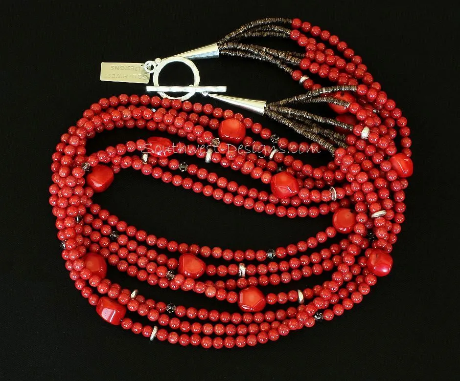 Bamboo Coral Rounds 7-Strand Necklace with Coral Nuggets, Swarovski Crystal, Olive Shell Heishi, and Sterling Silver Beads, Cones & Toggle Clasp