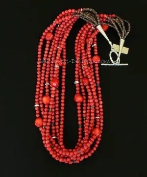 Bamboo Coral Rounds 7-Strand Necklace with Coral Nuggets, Swarovski Crystal, Olive Shell Heishi, and Sterling Silver Beads, Cones & Toggle Clasp