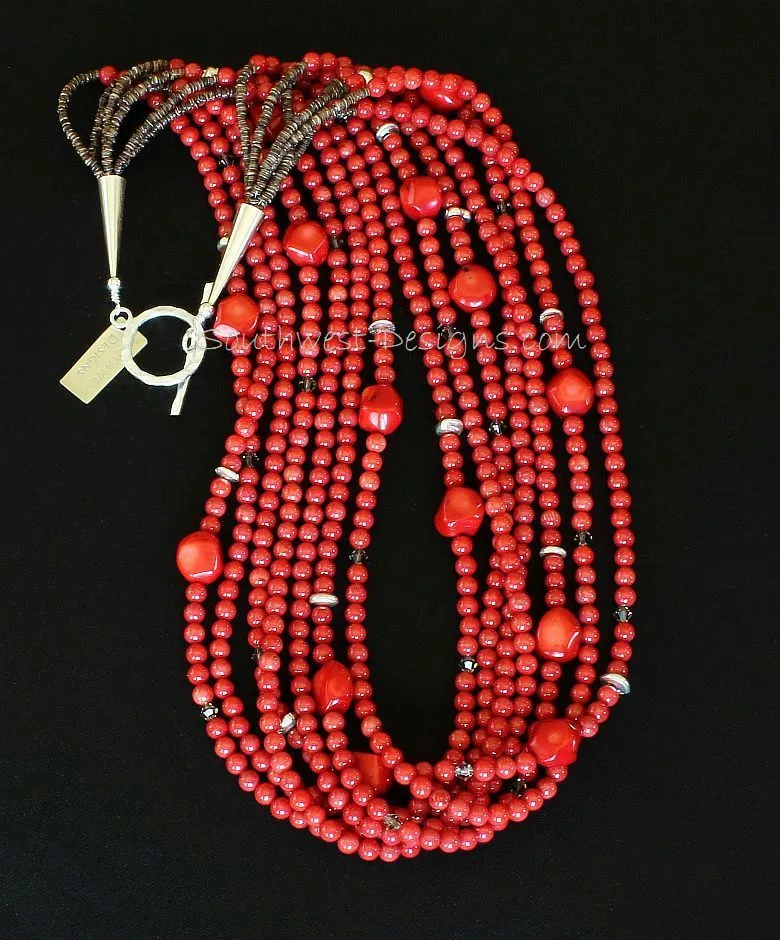 Bamboo Coral Rounds 7-Strand Necklace with Coral Nuggets, Swarovski Crystal, Olive Shell Heishi, and Sterling Silver Beads, Cones & Toggle Clasp