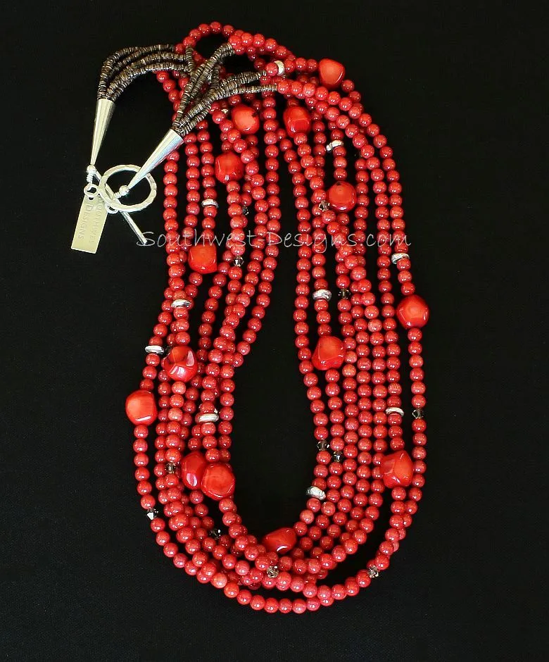 Bamboo Coral Rounds 7-Strand Necklace with Coral Nuggets, Swarovski Crystal, Olive Shell Heishi, and Sterling Silver Beads, Cones & Toggle Clasp