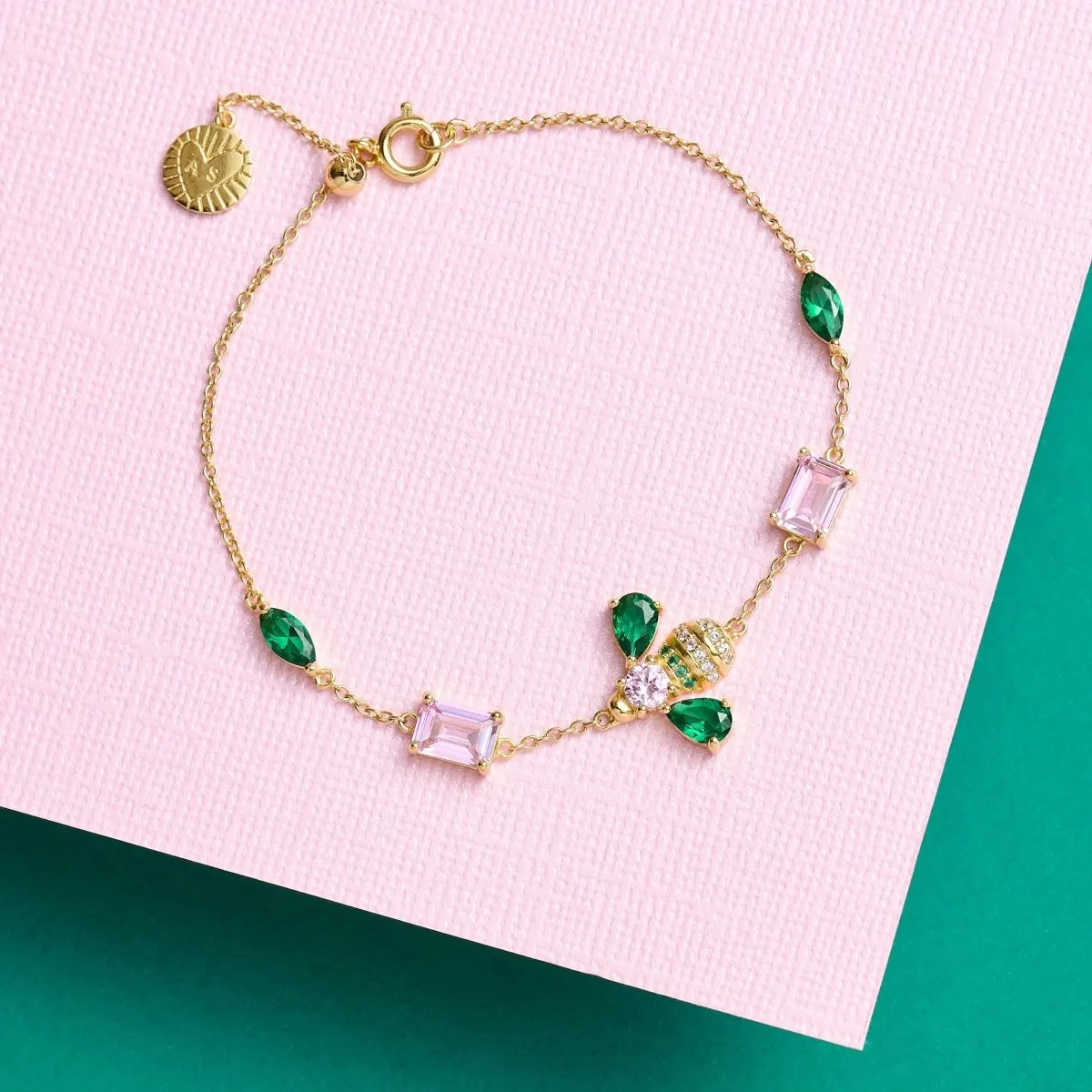 Beatrice Jewelled Bee Chain Bracelet Blush Pink, Emerald Green and Gold
