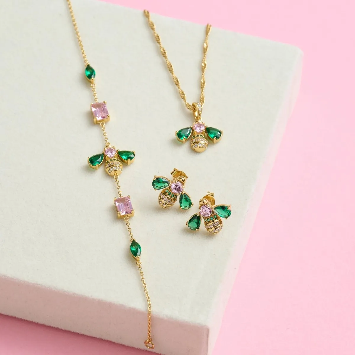 Beatrice Jewelled Bee Chain Bracelet Blush Pink, Emerald Green and Gold