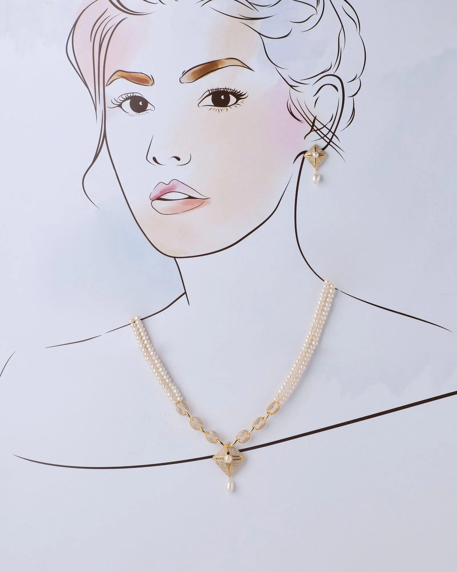 Beautiful Pearl & Stone Stud Necklace Set