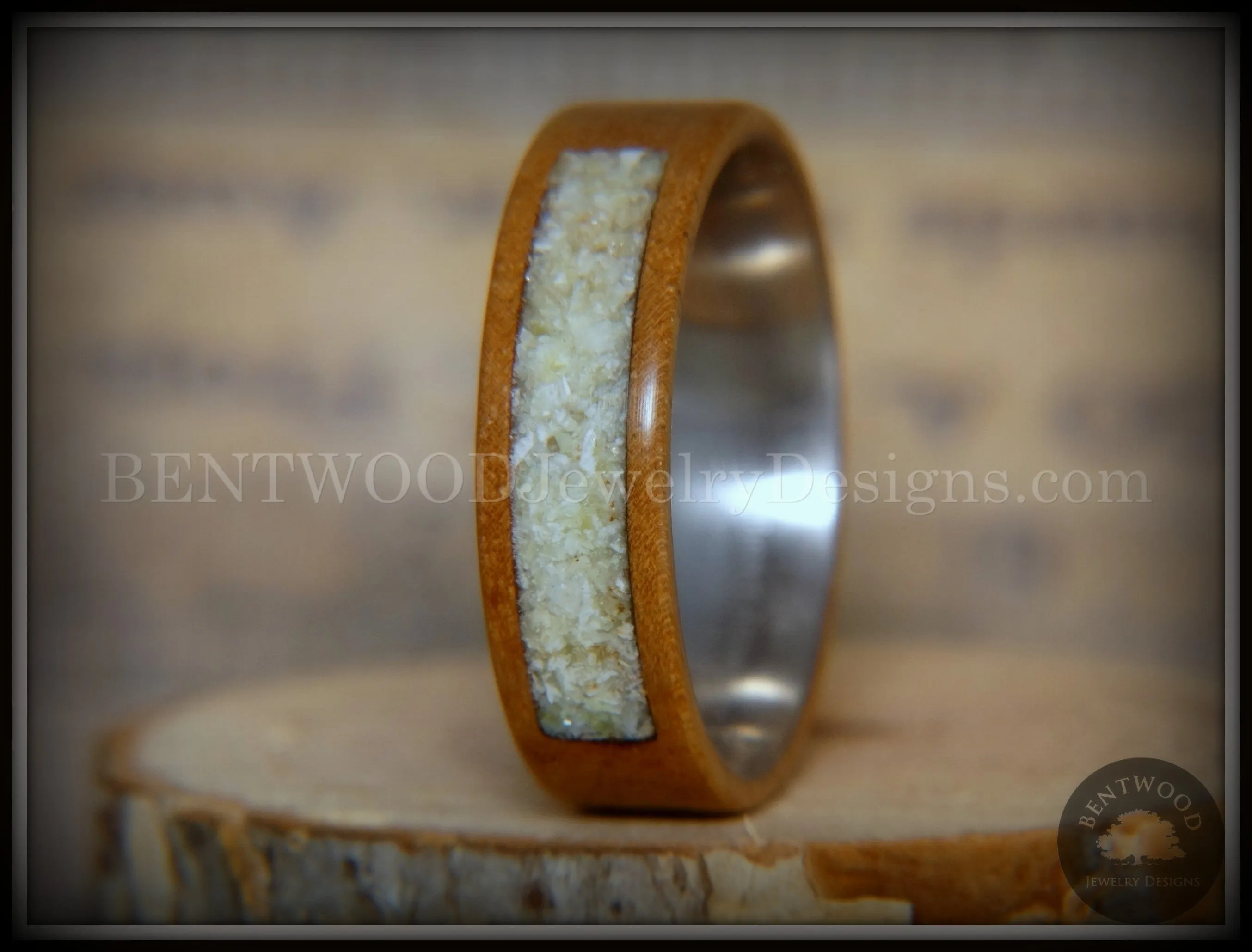 Bentwood Ring - "Pillar" European Walnut Wood with Connemara Marble Inlay Titanium Core