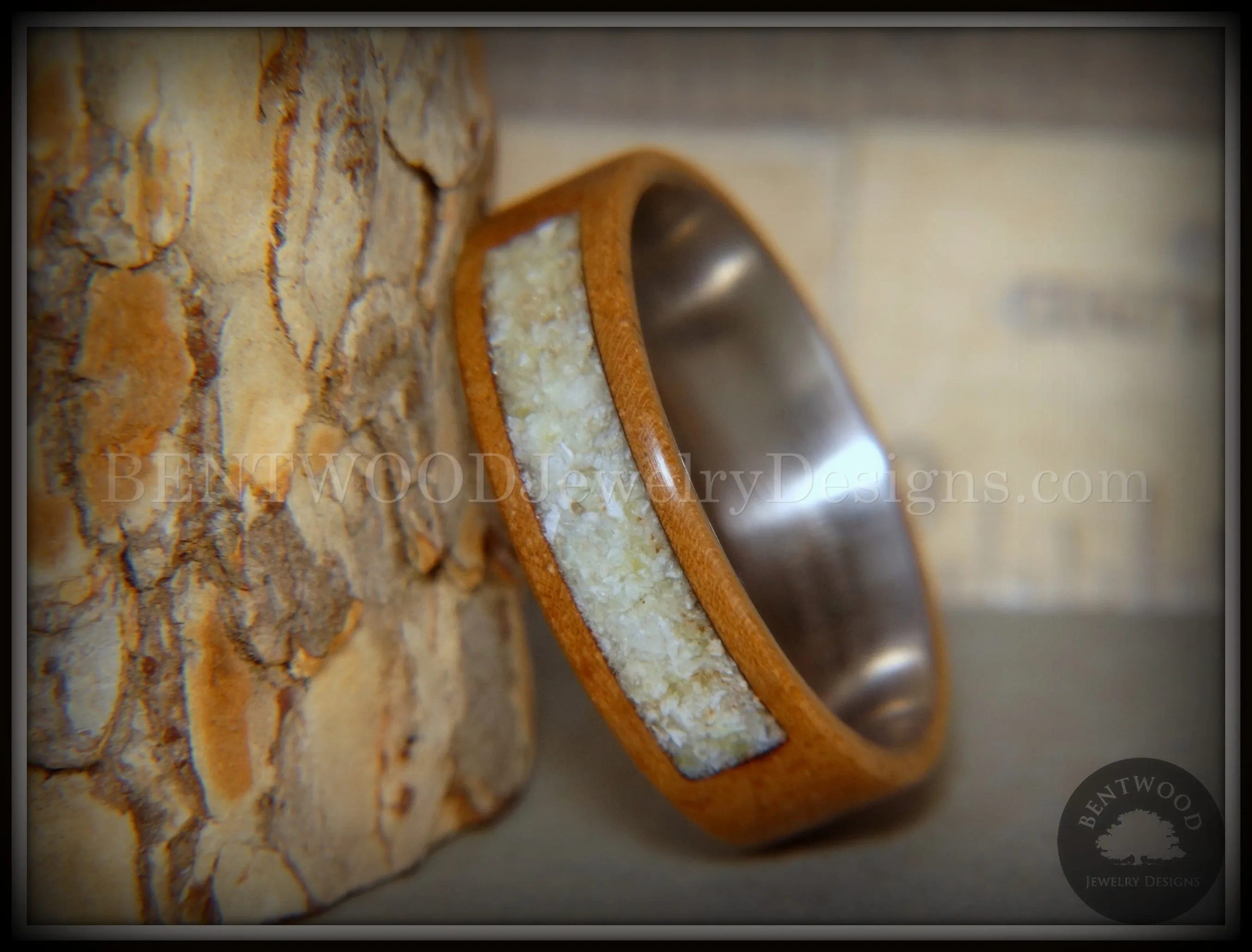 Bentwood Ring - "Pillar" European Walnut Wood with Connemara Marble Inlay Titanium Core