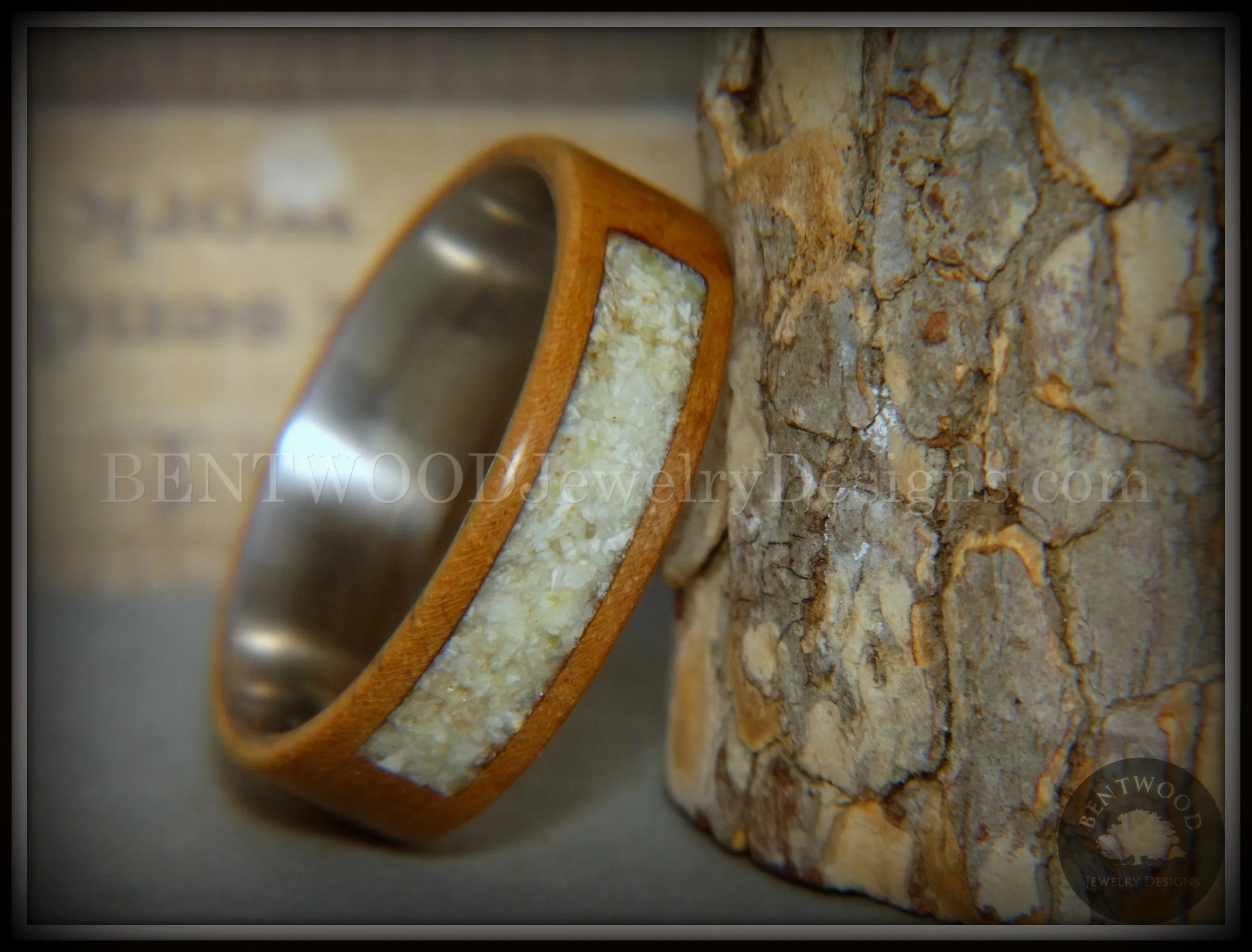 Bentwood Ring - "Pillar" European Walnut Wood with Connemara Marble Inlay Titanium Core