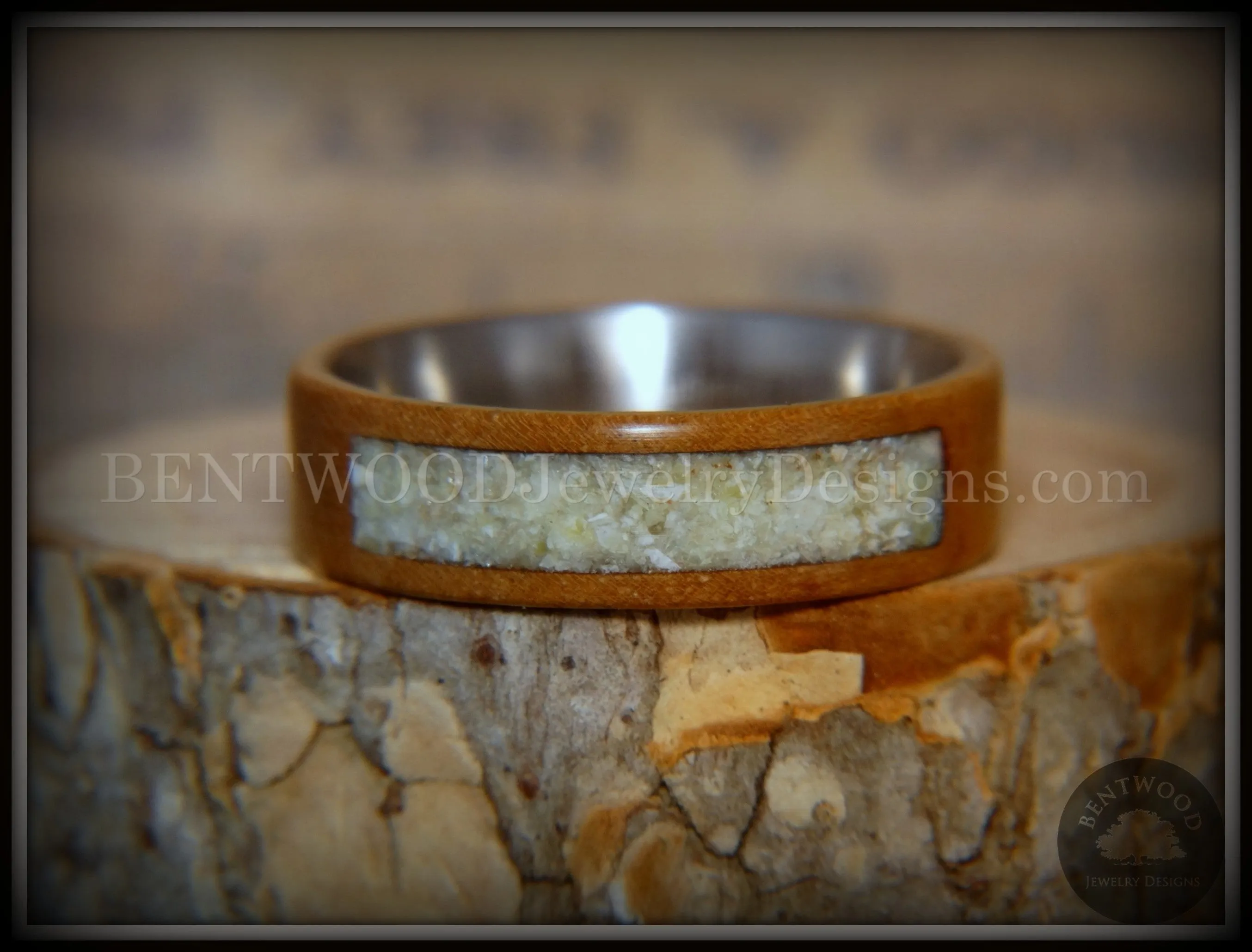 Bentwood Ring - "Pillar" European Walnut Wood with Connemara Marble Inlay Titanium Core