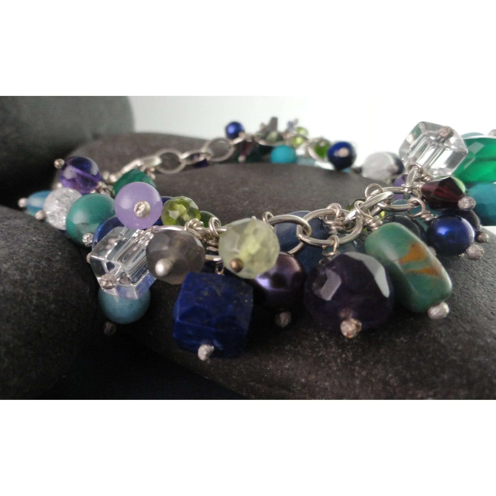 Blues, Green, Purples Sterling Silver Multi-Beaded Bracelet