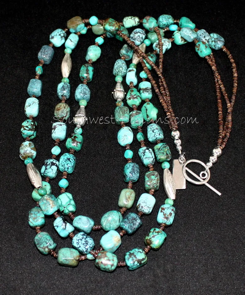 Box Cut Milky Way Turquoise 3-Strand Necklace with Olive Shell Heishi and Ornate Sterling Silver