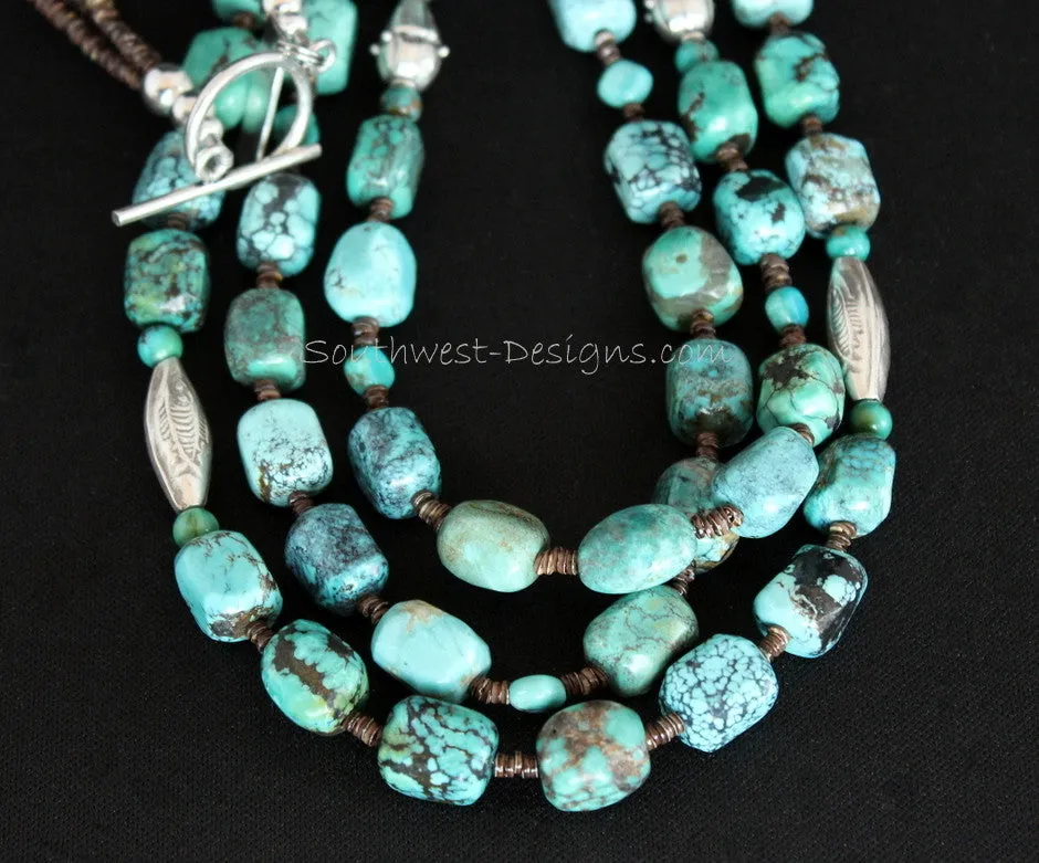 Box Cut Milky Way Turquoise 3-Strand Necklace with Olive Shell Heishi and Ornate Sterling Silver