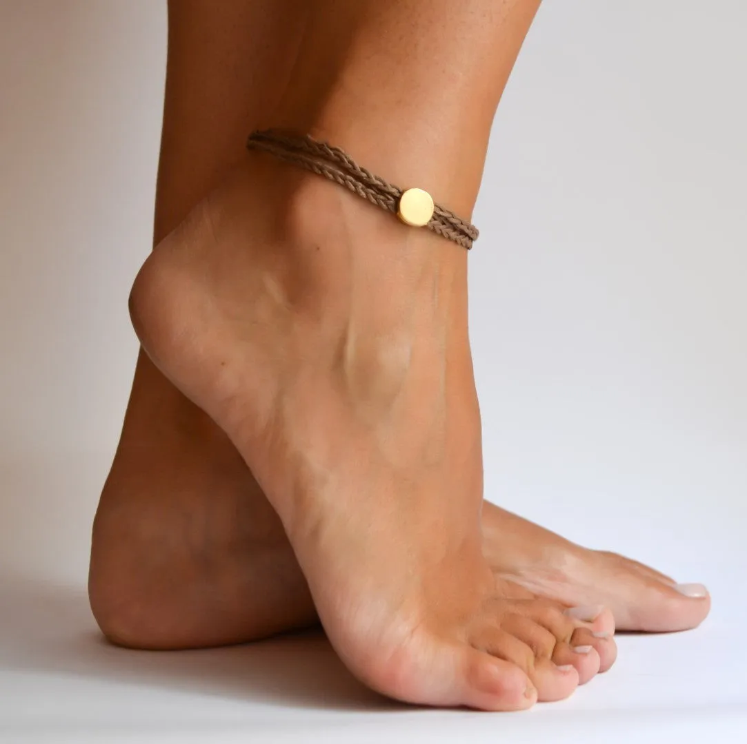 Braided ankle bracelet with a gold round bead, brown adjustable anklet