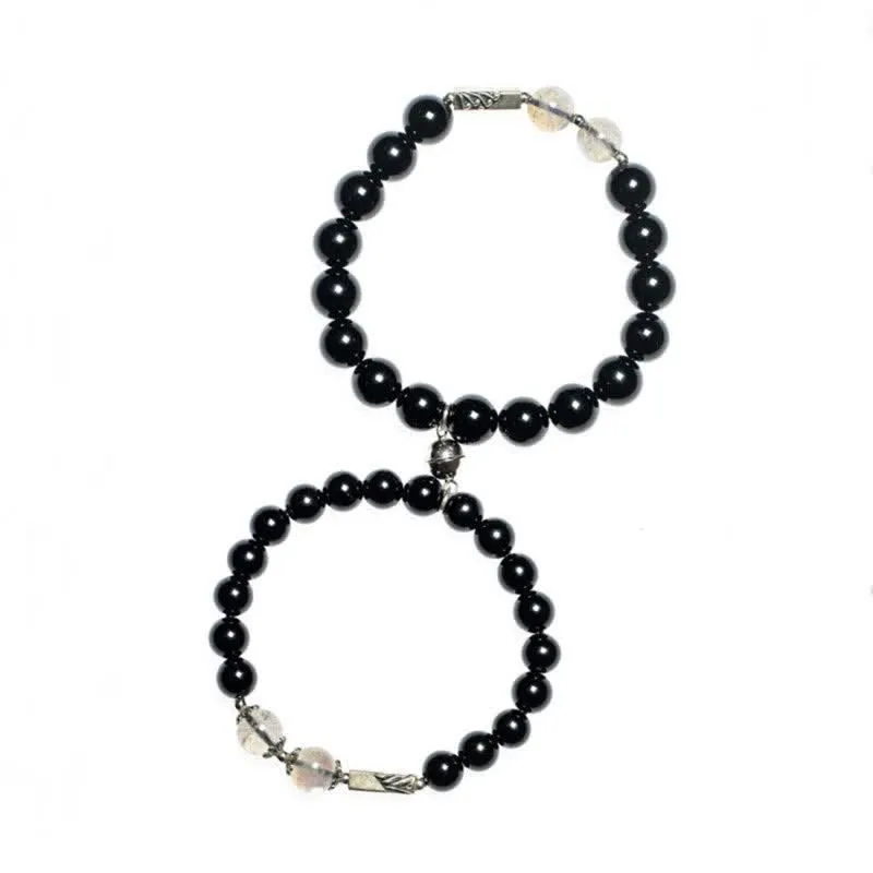 Buddha Stones 925 Sterling Silver Obsidian Moonstone Strength Couple Bracelet