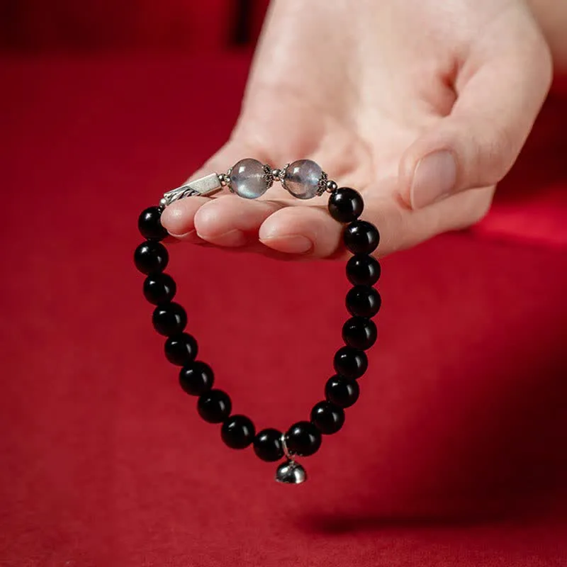 Buddha Stones 925 Sterling Silver Obsidian Moonstone Strength Couple Bracelet