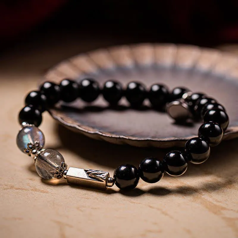 Buddha Stones 925 Sterling Silver Obsidian Moonstone Strength Couple Bracelet