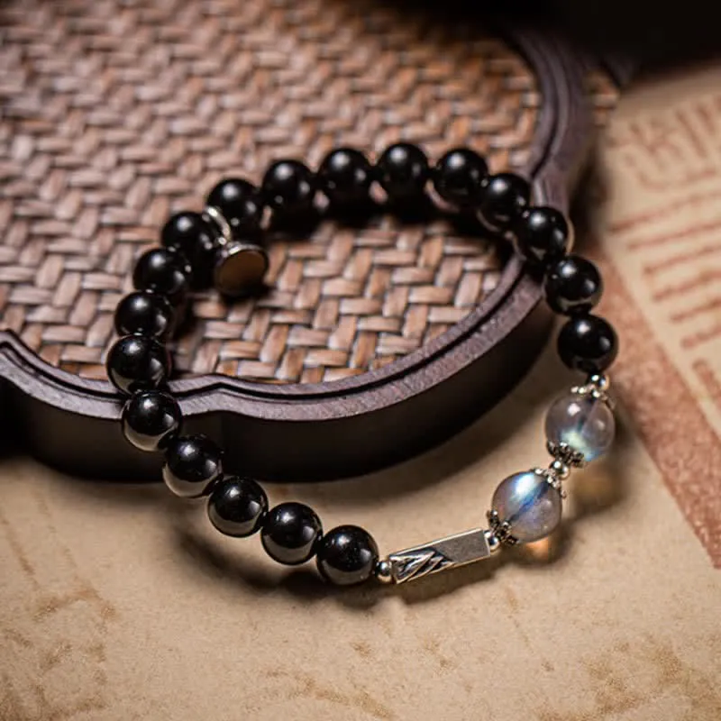 Buddha Stones 925 Sterling Silver Obsidian Moonstone Strength Couple Bracelet