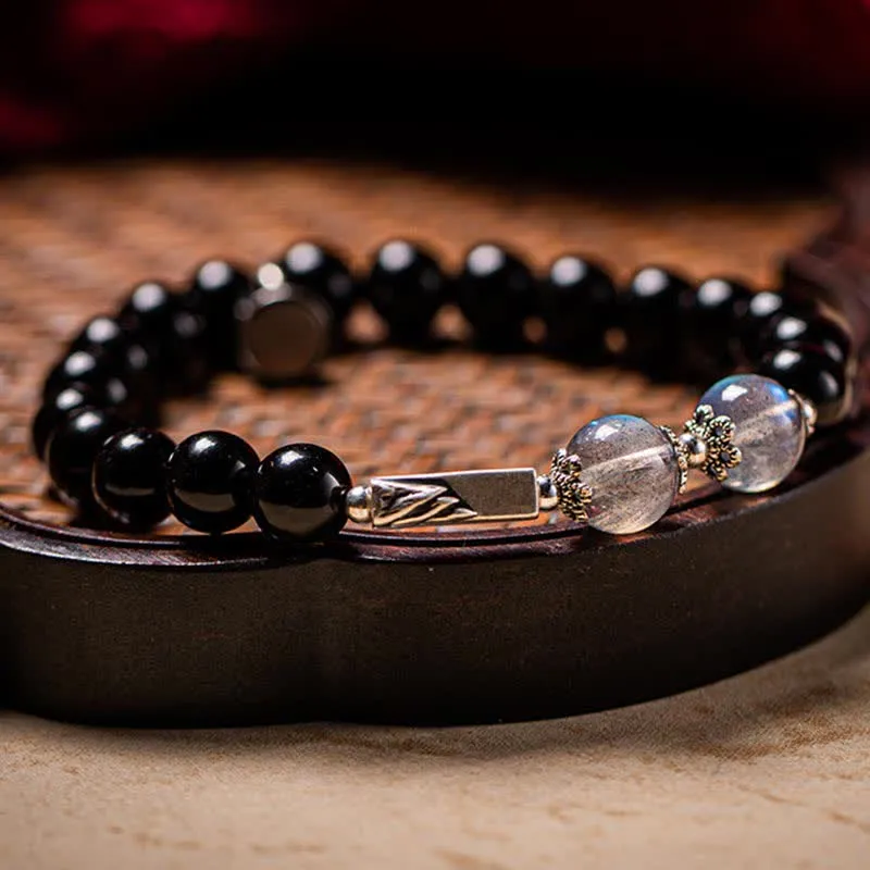 Buddha Stones 925 Sterling Silver Obsidian Moonstone Strength Couple Bracelet