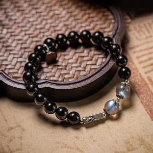 Buddha Stones 925 Sterling Silver Obsidian Moonstone Strength Couple Bracelet