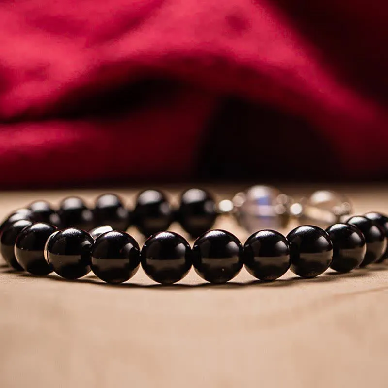 Buddha Stones 925 Sterling Silver Obsidian Moonstone Strength Couple Bracelet