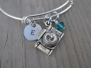 Camera Charm Bracelet- Adjustable Bangle Bracelet with an Initial Charm and an Accent Bead of your choice