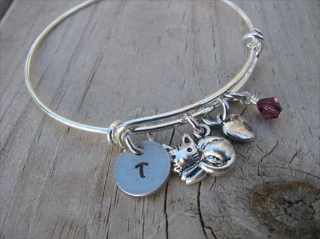 Cat Charm Bracelet -Adjustable Bangle Bracelet with an Initial Charm and an Accent Bead of your choice