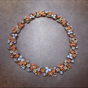 Coral and White floral enamel necklace
