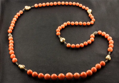 Coral Bead & Fancy Colored Diamond Necklace