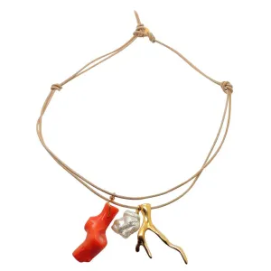 Coral Pearl Charm Trio Leather Cord Necklace