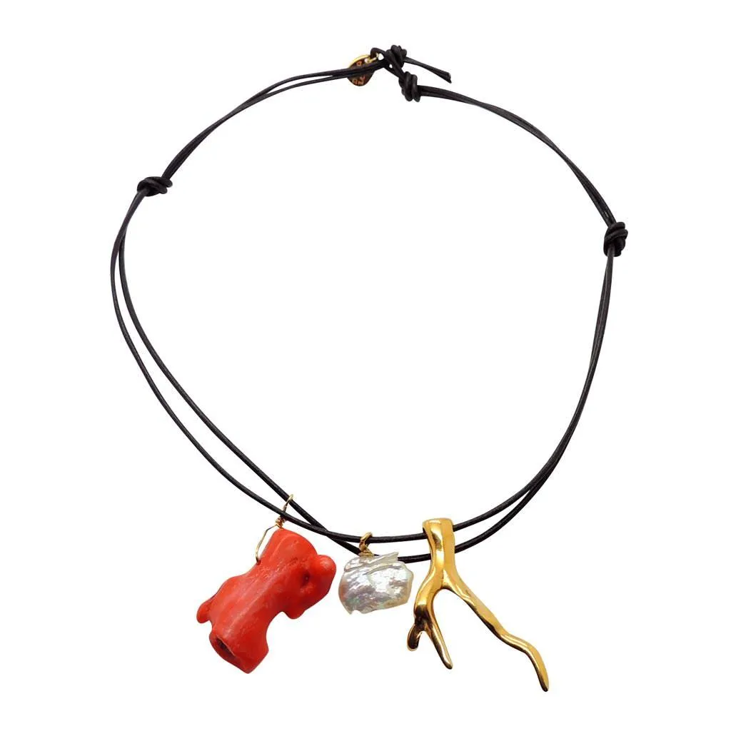 Coral Pearl Charm Trio Leather Cord Necklace